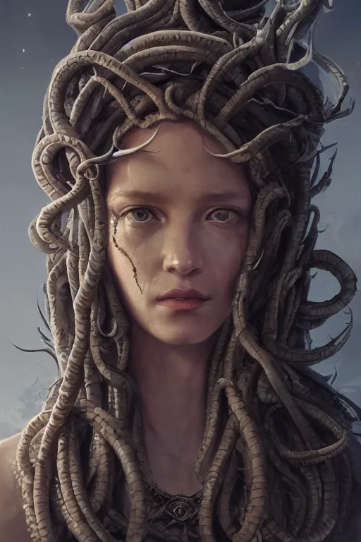 Image similar to A beuatiful portrait of medusa by Greg Rutkowski, Sung Choi, Mitchell Mohrhauser, Maciej Kuciara, Johnson Ting, Maxim Verehin, Peter Konig, Bloodborne , 8k photorealistic, cinematic lighting, HD, high details, dramatic, atmospheric , trending on artstation