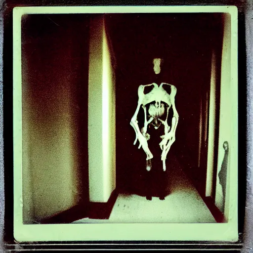 Image similar to a terrifying creature at the end of a hallway, dark!, creepy, nightmare fuel!!!, unsettling, uncanny valley!, old polaroid, expired film,