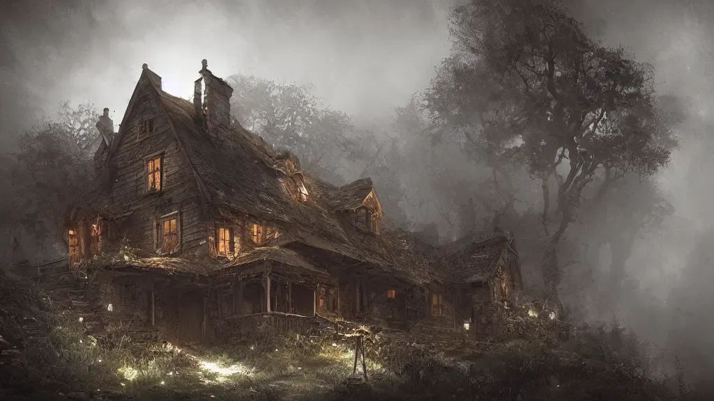 Image similar to A dark decrepit cottage on a hilltop at night, by Bastien LeCouffe-Deharme, hyperrealistic, Cryengine 8k UHD