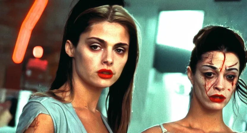 Prompt: Hot actress who is a female version of a combination of (Travis Bickle, Tyler Durden, Rick from Rick and Morty, The Wolf of Wall Street, Scarface , Don Draper, Walter White, Alex from A Clockwork Orange, The Joker, and Patrick Bateman), 35mm film 8K screenshot, trending on IMDB