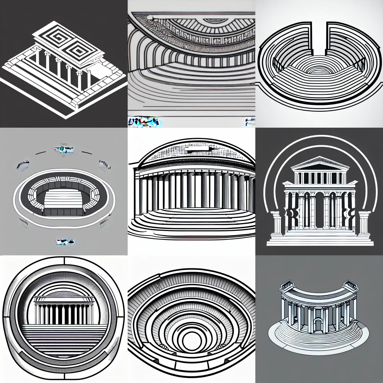 Prompt: a stephen biesty isometric cross - section through the stairs of a simplified!!!!! smooth grey shaded ancient greek amphitheater line drawing logo in the style of pavlov visuals, precise! vector trace, extra - wide shot, occlusion, white background