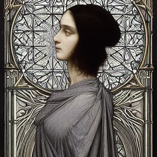 Image similar to Symmetric Pre-Raphaelite painting of a beautiful mystic woman with dark hair in a very detailed silk dark grey dress by John William Waterhouse, zoomed out, surrounded by a dark gothic frame of highly detailed mathematical drawings of neural networks and geometry by Doré, highly detailed mathematical drawings of geometry and neurons by HG Giger