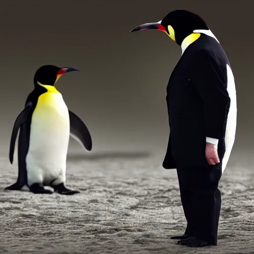 Image similar to Photo of a man in a suit wearing a mask of an emperor penguin, 4k, photorealistic, hd