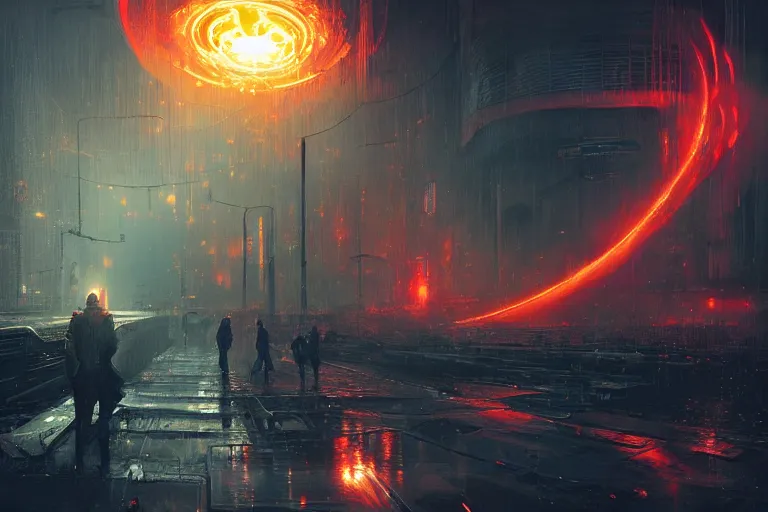 Image similar to arcs of flame, simulation of water splashes, shards of mercury, dramatic lighting, cyberpunk neon, secret cypher, red flowers, solar flares, intricate art by greg rutkowski