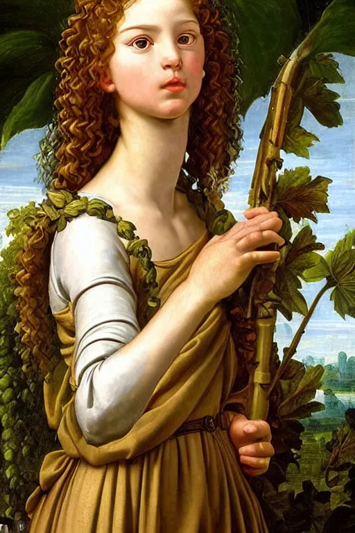 Image similar to renaissance painting of young girl soldier in the garden, closeup, curly long hair, face closeup, emotions closeup, dressed in roman armour, the beautiful garden with maple leaves everywhere, ultra detailed, art by guido reni style, vincenzo catena style