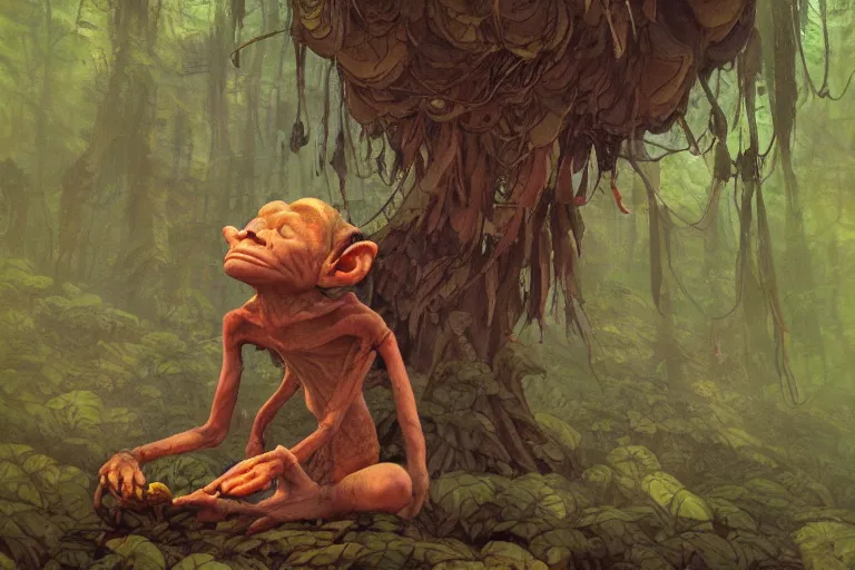 Image similar to a goblin shaman meditating in amossy tangled forest by Shaun Tan and Moebius, trending on artstation