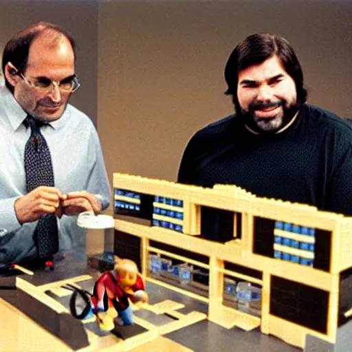 Image similar to steve jobs and steve wozniak inventing apple ii, lego set,