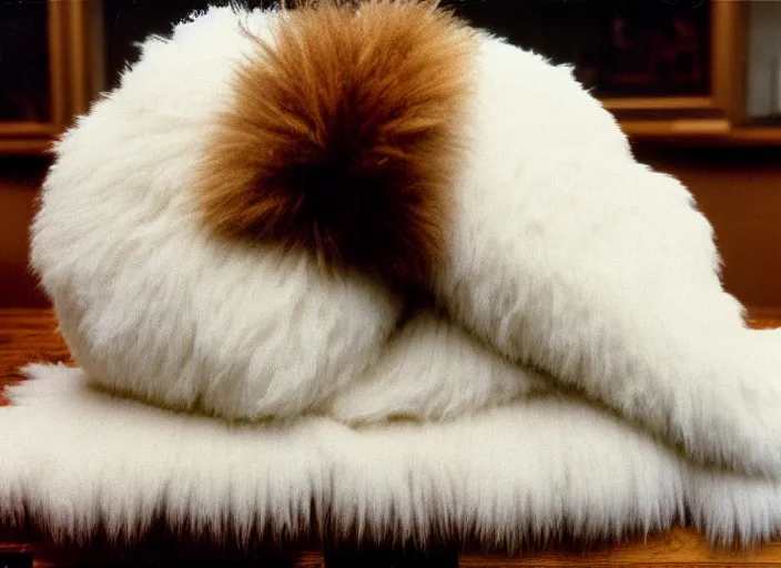 Image similar to realistic museum photo of a white fluffy sweater object, straight laying on a wooden desk 1 9 9 0, life magazine reportage photo, natural colors