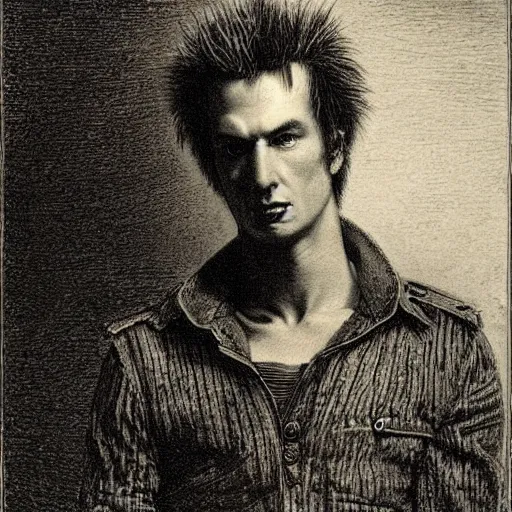 Prompt: a realistic portrait of sid vicious by Gustave Dore,