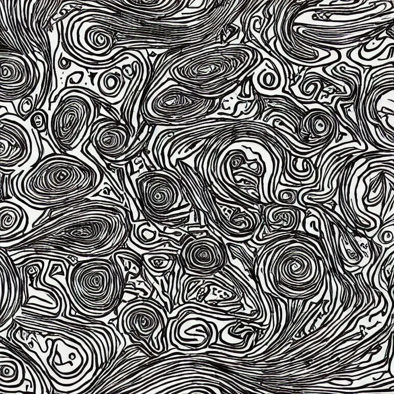 Image similar to a black and white drawing of many different things, an abstract drawing by nathaniel pousette - dart, featured on deviantart, psychedelic art, behance hd, repeating pattern, artwork