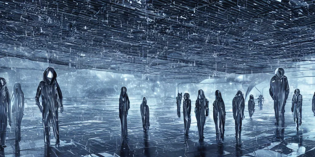 Image similar to sci - fi alien squad in wet cloaks, infiltrating on the ceiling of the mega - structure facility at midnight storm, lightning, digital art