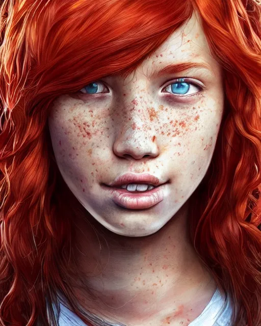 Image similar to portrait of 1 4 - year - old girl with flaming red hair, a lot of freckles, and bright brown eyes, wearing shirt, hyper realistic face, beautiful eyes, character art, art by mark brooks, hyperdetailed, cryengine, trending on artstation, digital art