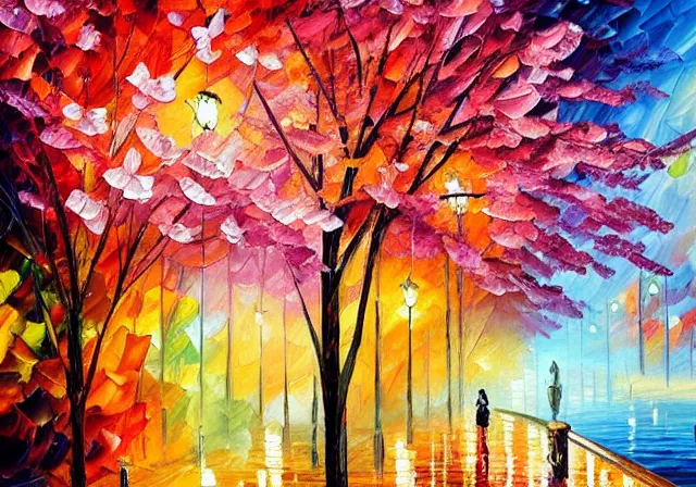 Image similar to a beautiful cherry blossom Japanese tree, oil painting by Leonid Afremov