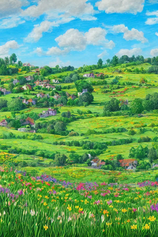 Image similar to a countryside in spring, green hills and blue sky with patches of clouds, nature in all its beauty, some houses in the background, star - shaped flowers in the foreground, digital painting, colored pencil, detailed,