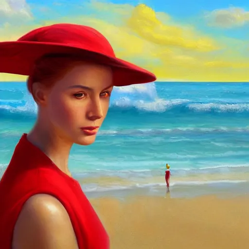 Image similar to beautiful oil matte portrait painting, young woman with red dress and mustard yellow summer hat at a beach on a sunny day, wonderful masterpiece highly detailed, beautiful cinematic light deep focus, elegant, digital painting, smooth, sharp focus, golden ratio, dramatic illumination, ultra realistic, 8 k, art by jimmy law