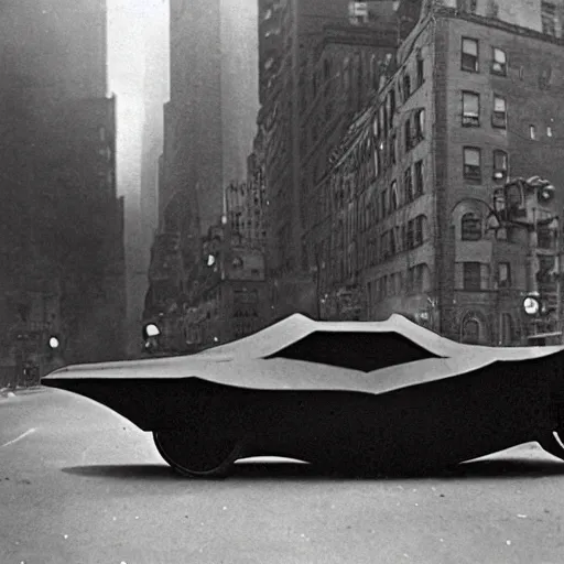 Image similar to old black and white photo, 1 9 1 3, depicting batman's batmobile from dark knight rampaging through the bustling streets of new york city, rule of thirds, three - point perspective, historical record