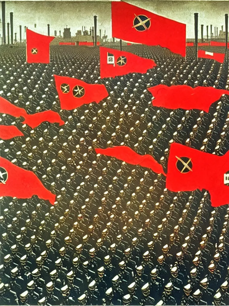 Image similar to army parade glorious march, futuristic alternate timeline, anarcho - communist hordes, red and black flags, modernist factories in background, art by max ernst, cnt spanish civil war era propaganda