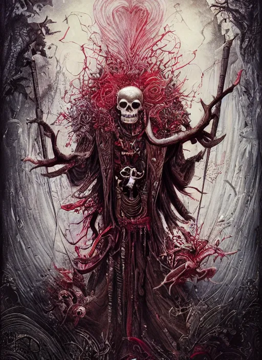 Image similar to the king of hearts, death tarot card, highly detailed, cinematic, 8 k, by megan duncanson, benjamin lacombe, adrian borda, stanley artgermm, tom bagshaw, craig mullins, carne griffiths, ayami kojima, beksinski, giger, trending on deviantart, hyper detailed, horror, full of colour