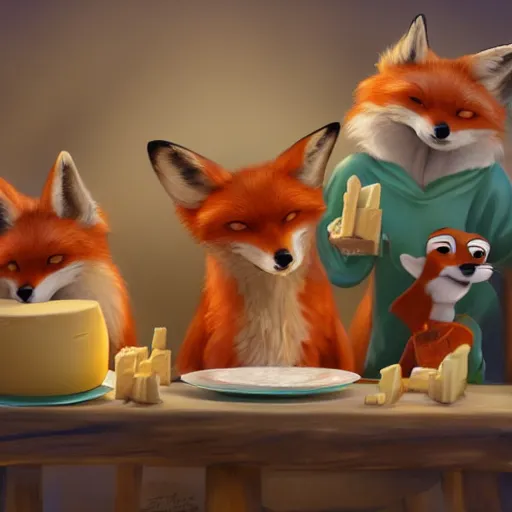 Prompt: foxes judging a cheese competition, furry, cute, disney concept art, pixar, artstation, detailed, award winning, dramatic lighting, cheese, fox, cheese competition, cheese contest