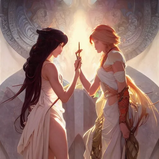Prompt: two beautiful identical barbarians, intricate, elegant, highly detailed, digital painting, artstation, concept art, smooth, sharp focus, illustration, art by artgerm and greg rutkowski and alphonse mucha, clean detailed anime style