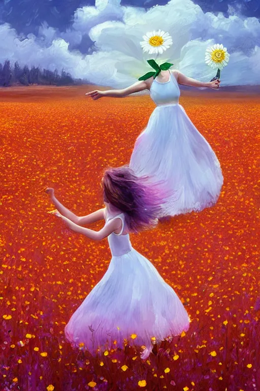 Image similar to giant white daisy flower on shoulder, girl dancing in a flower field, surreal photography, sunrise, dramatic light, impressionist painting, colorful clouds, digital painting, artstation, simon stalenhag