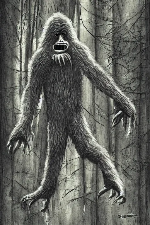 Prompt: happy bigfoot in the woods artwork by ben templesmith