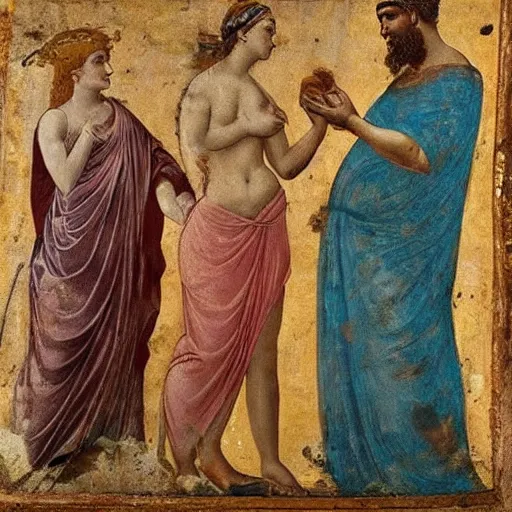 Prompt: ancient roman fresco showing juno scolding venus and mars for posting divine secrets on twitter