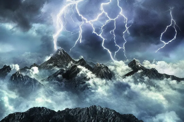 Prompt: A beautifully strange photo illustration of mountains after the storm, clouds, sun rays, volumetric lightning, beautiful, deep colors, bright, amazing, gorgeous, wonderful, Hyper detailed digital matte painting, concept art, hyperrealism, Cinema 4D, 8k resolution, 64 megapixels, coherent, CGSociety, ZBrush Central, behance HD, hypermaximalist, a masterpiece, 4K