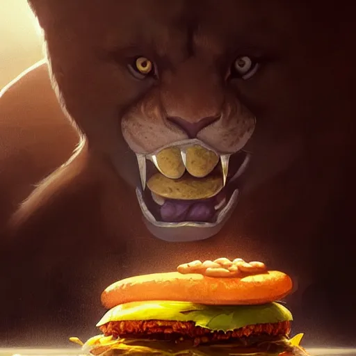 Image similar to commission of a male anthropomorphic albino lion eating an oversized hamburger,digital art,art by greg rutkowski,trevor henderson,ross tran,photorealistic,hyperdetailes,highly realistic,natural lighting,deviantart,artstation,dramatic,cinematic,4k,western comic style