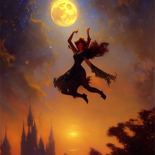 Image similar to attractive witch magically flying trough the night, fantasy, full moon in background. highly detailed painting by gaston bussiere, craig mullins, j. c. leyendecker 8 k