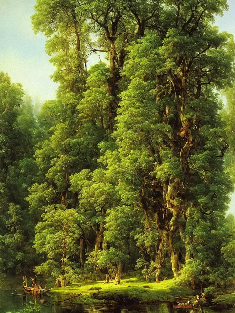 Image similar to Beautiful treehouse in a ((lush green forest)) by ivan shishkin and aivazovsky, oil on canvas, highly detailed, masterpiece