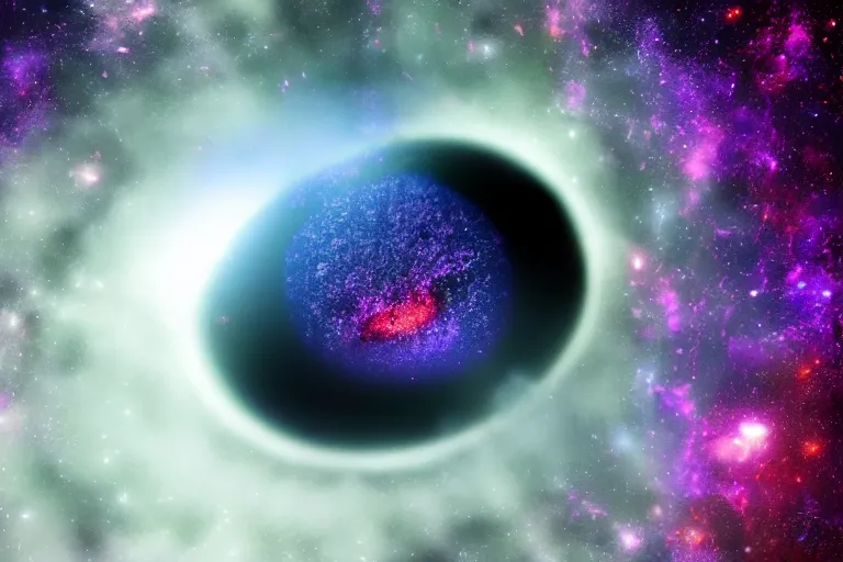 Image similar to photograph of a black hole in space, ominous, galaxy, colorful background, photograph, realistic,