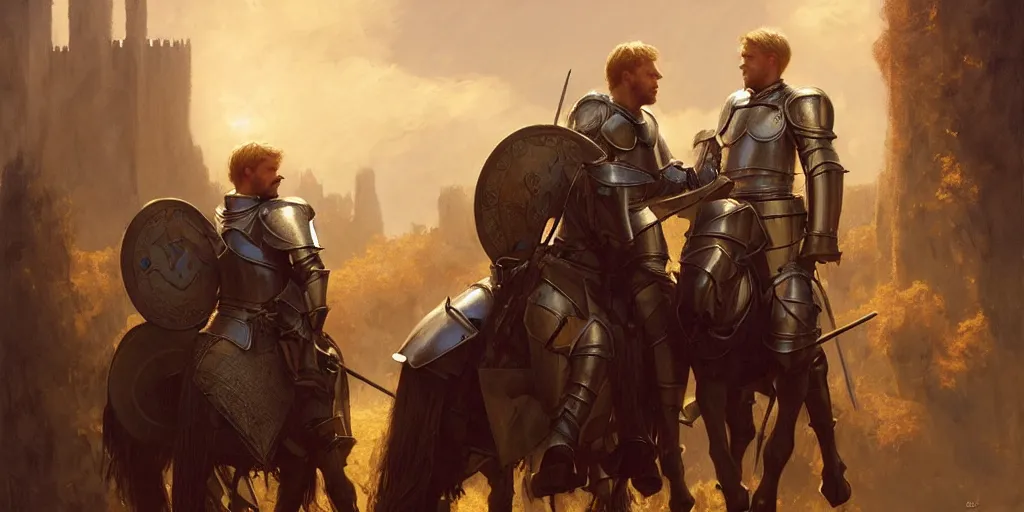 Prompt: attractive arthur pendragon and his favourite attractive male knight, they are in love, camelot, natural lighting, path traced, highly detailed, high quality, digital painting, by gaston bussiere, craig mullins, j. c. leyendecker