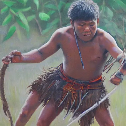 Prompt: a man of action, taking action against the neighboring tribe. it was a good memory. photorealistic painting