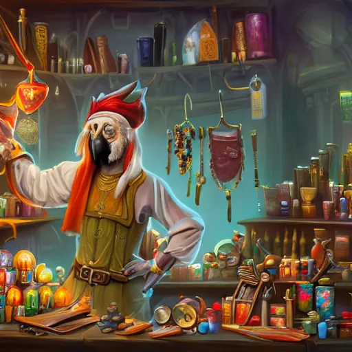 Image similar to Fantasy artwork of Anthropomorphized parrot trader in his shop, shelves full, selling a gem, portrait, items, magic potions, carpet, window, fancy funny hat, sly expression , cunning expression, cute expression, presenting magic gem, D&D, fantasy, cinematic lighting, highly detailed, digital painting, artstation, concept art, smooth, sharp focus, illustration, warm light, cozy warm tint, magic the gathering artwork, volumetric lighting, 8k, no gold, no gold colours, art by Akihiko Yoshida and Greg Rutkowski