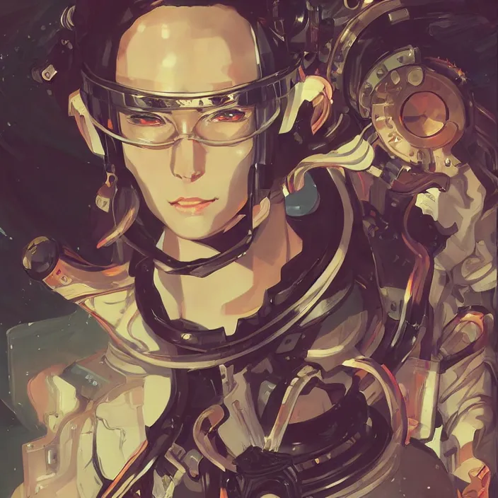 Image similar to anime portrait space pirate captain, futuristic science fiction, mucha, hard shadows and strong rim light, art by jc leyendecker and atey ghailan and sachin teng