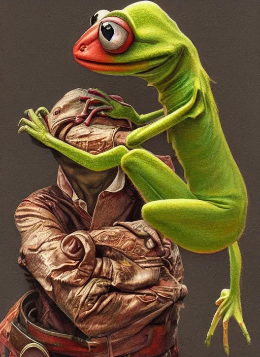 Prompt: portrait of a gaunt and diseased Kermit the frog, intricate, elegant, highly detailed, centered, digital painting, artstation, concept art, smooth, sharp focus, illustration, artgerm, donato giancola, Joseph Christian Leyendecker, WLOP, Artgerm