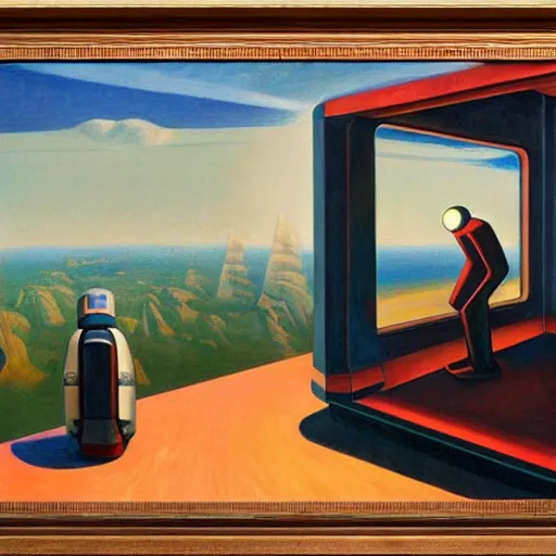 Image similar to robot overlords, observation deck, spaceship interior, view of earth, pj crook, edward hopper, oil on canvas