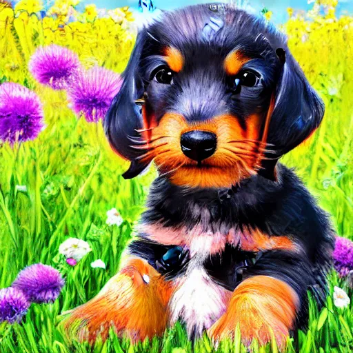 Prompt: cute fluffy daschund puppy sitting in flower meadow landscape detailed painting 4 k