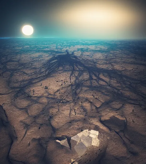 Prompt: surreal destruction of the theory of elysian unfinished super tilted tower made of crystalized power, aerial iridecent veins, moonbow, inverted white massive roots of sand in the floor, in the desert, foggy sky, dark starry night, octane render, unreal engine, pale colors, high detail, 8 k, wide angle, trending on artstation, behance