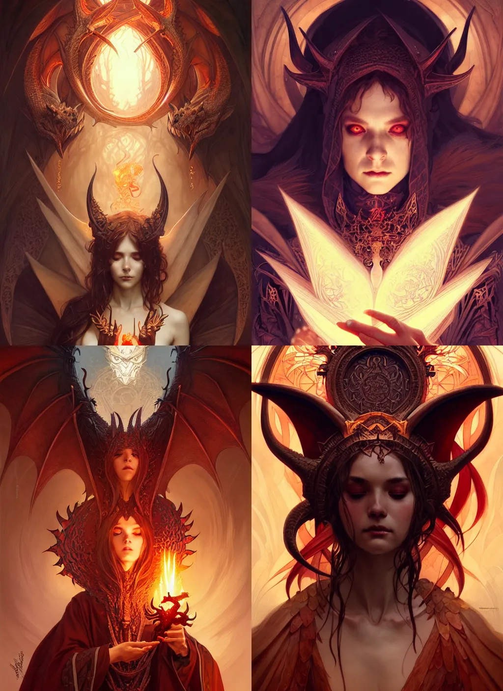 Prompt: a beautiful satanic sorcerer and a dragon, intricate, sharp focus, illustration, highly detailed, digital painting, concept art, matte, art by wlop and artgerm and greg rutkowski and alphonse mucha, masterpiece