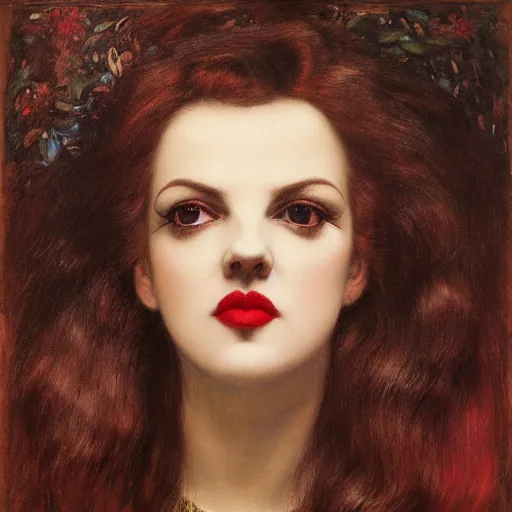 Image similar to portrait of a hybrid of judy garland and lady gaga, brown fringe, full lips, large downslanted eyes, holman hunt, john william waterhouse, kilian eng, rosetti, john everett millais, william holman hunt, 4 k