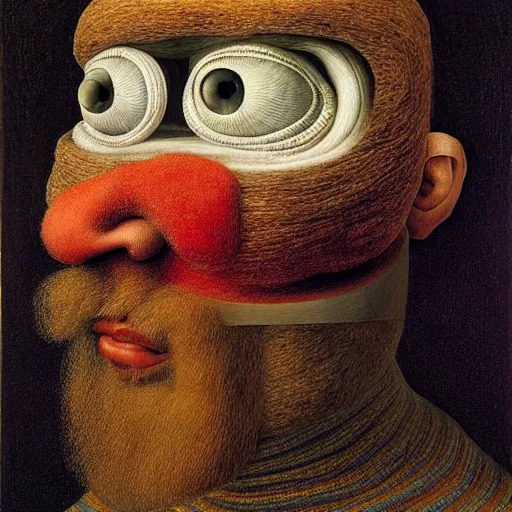 Image similar to portrait photo of a wool sock with giant eyes, face made from unfulfilled dreams, extremely high details, realistic, by Giuseppe Arcimboldo, Rene Margitte, MC Escher