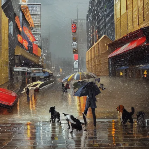 Image similar to a highly detailed oil painting of it's raining cats and dogs, bystanders watching from the sides, 4 k, by ariduka 5 5, monokubo, artstation,