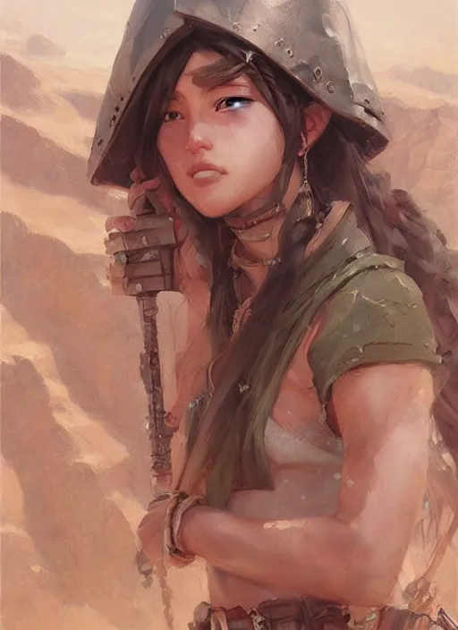 Image similar to portrait of desert warrior by krenz cushart, fantasy, oil painting, featured on pixiv, highly detailed, elegant, sharp focus