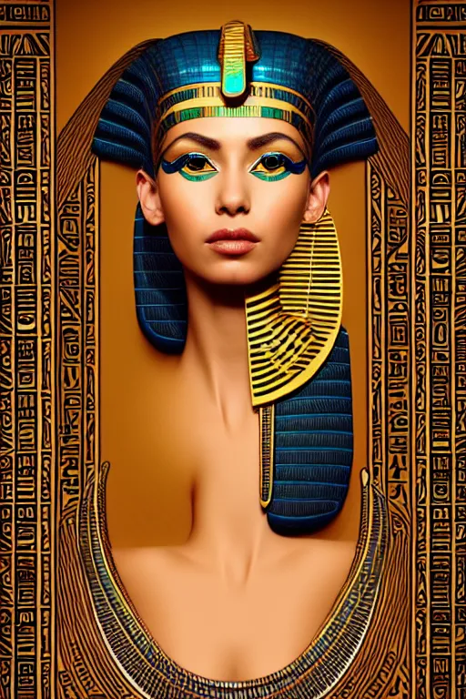 Prompt: Cleopatra portrait, intricate art deco leaf designs, elegant, highly detailed egyptian patterns, hieroglyph, sharp focus, art by Artgerm and beeple