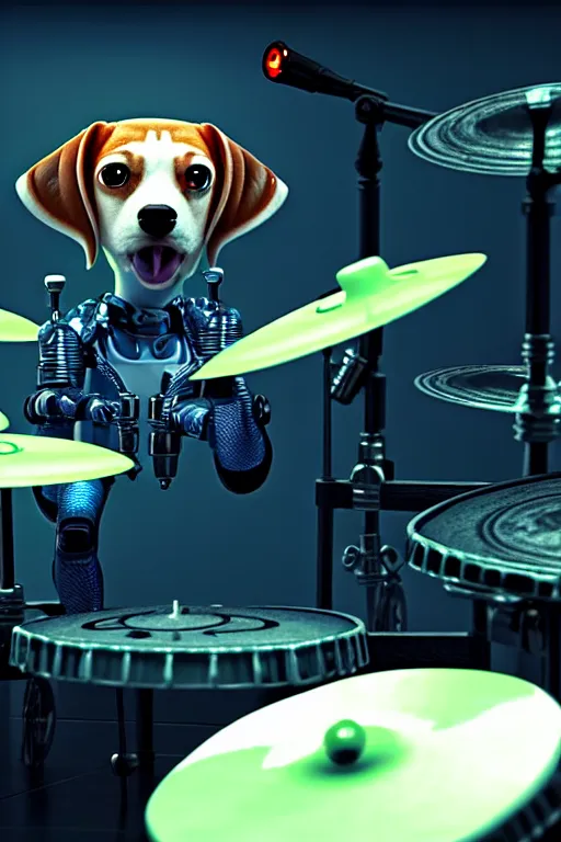 Image similar to high quality 3 d render very cute cyborg beagle plays drums!, cyberpunk highly detailed, unreal engine cinematic smooth, in the style of blade runner & pixar, hannah yata charlie immer, moody light, low angle, uhd 8 k, sharp focus