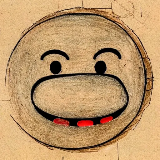 Image similar to primitive drawing of smiling circle face with red eyes thumb up. Сhild drawing picture