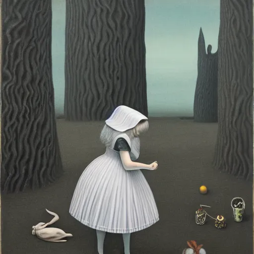 Image similar to alice in wonderland, Gertrude Abercrombie, highly detailed, masterpiece, trending on ArtStation, ultra realistic