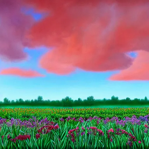 Prompt: ultra realistic painting of a cloudy sky over a field of alien plants, vegetables and flowers, 8 k